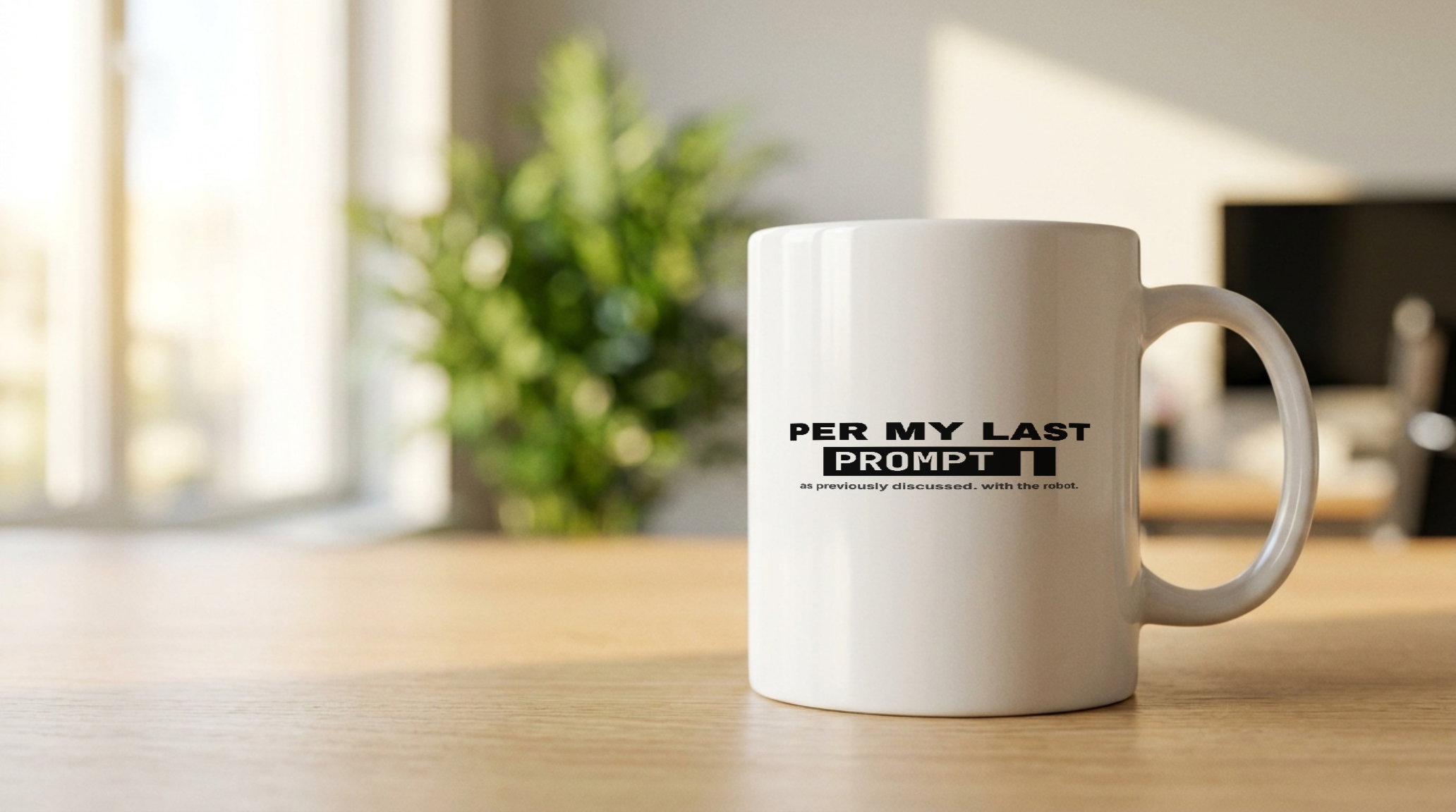 Per My Last Prompt mug on a desk