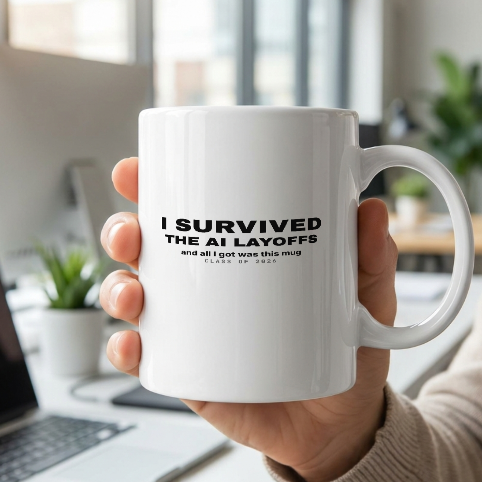 I Survived the AI Layoffs mug held in hand